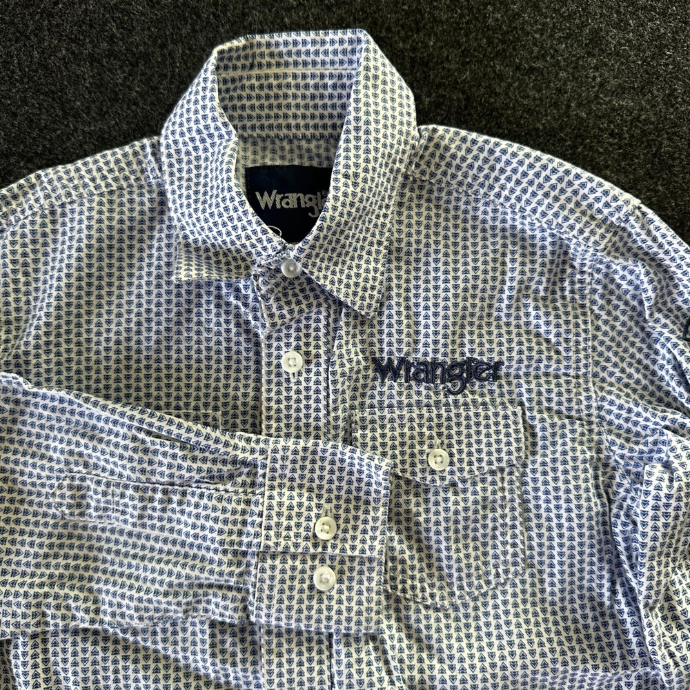 Wrangler Boys Blue White Geometric Print Western Button Down Shirt Size Small